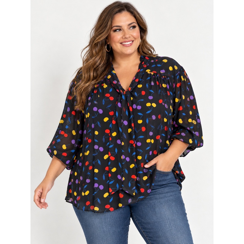 ModCloth Blouse Size 3X Retro Rockabilly Cherry Print Tie Neck Short Sleeve Top